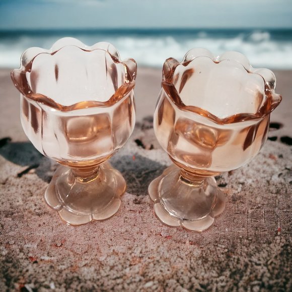 Rare Tulip Shape Pink Glass Candlestick Votive Taper Candle Holders 4-pcs set - Picture 6 of 6